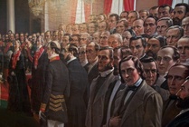 Valiokuntahuoneen taulun miehet lähikuvassa