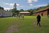 Voipaalan pihanäkymä. Ryhmä jatkaa matkaa kävellen läheiseen Rapolaan oppaan johdolla